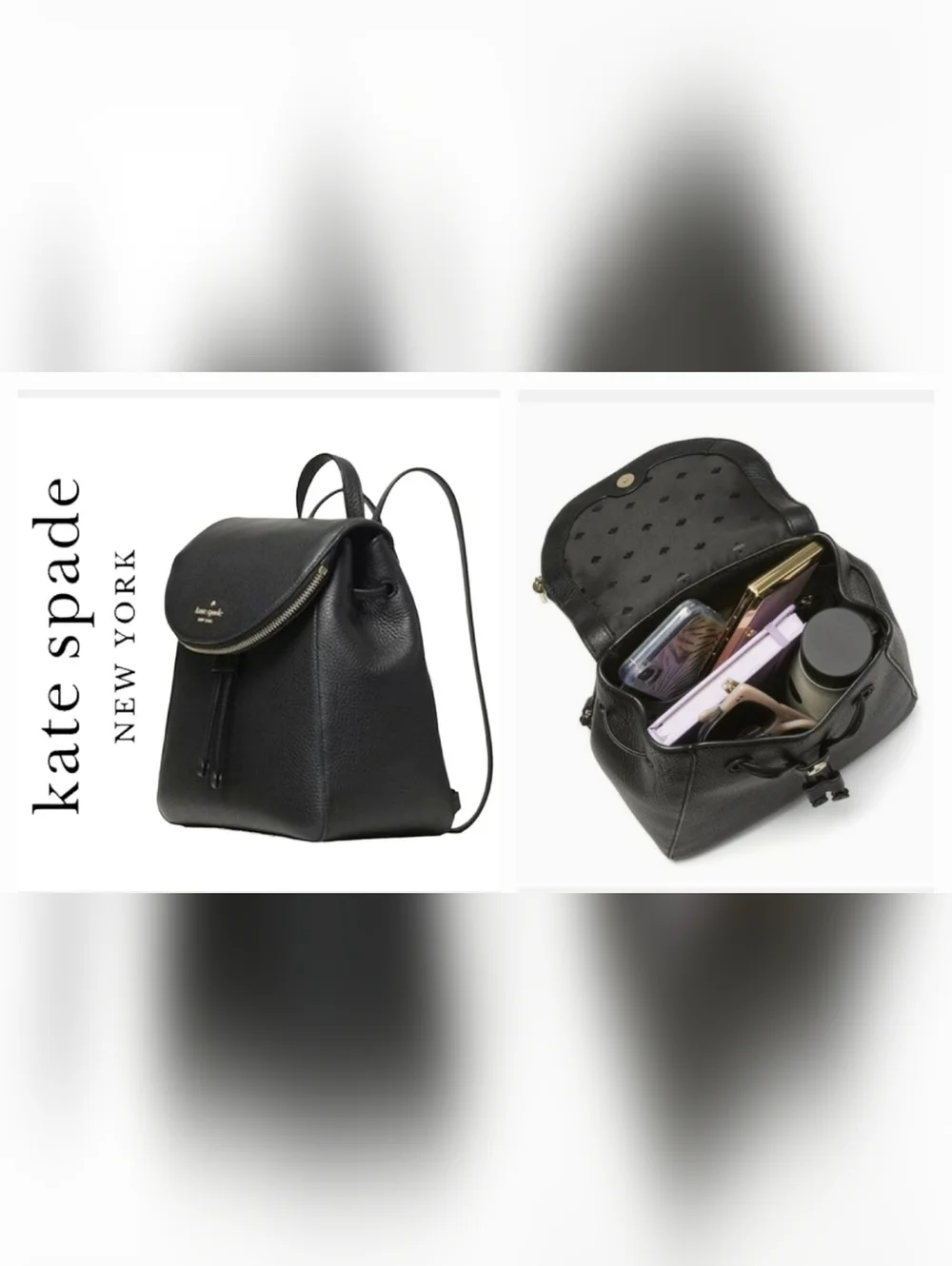 Kate Spade Leila Black Pebbled Leather Flap Backpack NWT